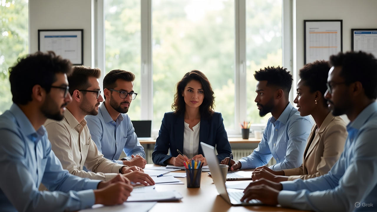 Employees collaborating at a desk