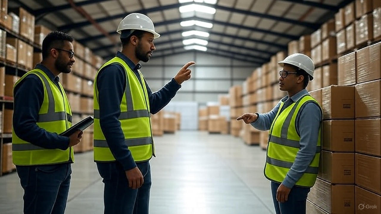 Two team members in a warehouse
